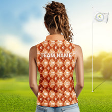 Load image into Gallery viewer, Women sleeveless polo shirt custom orange argyle plaid pattern golf attire for ladies, golfer gifts NQS10436