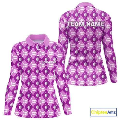 Women golf polo shirts custom light purple argyle plaid pattern golf attire for ladies, golfer gifts NQS10437