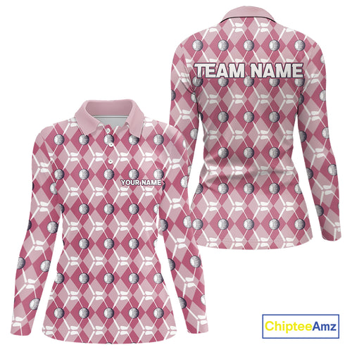 Women golf polo shirts custom pink argyle plaid pattern golf attire for ladies, golfer gifts NQS10443