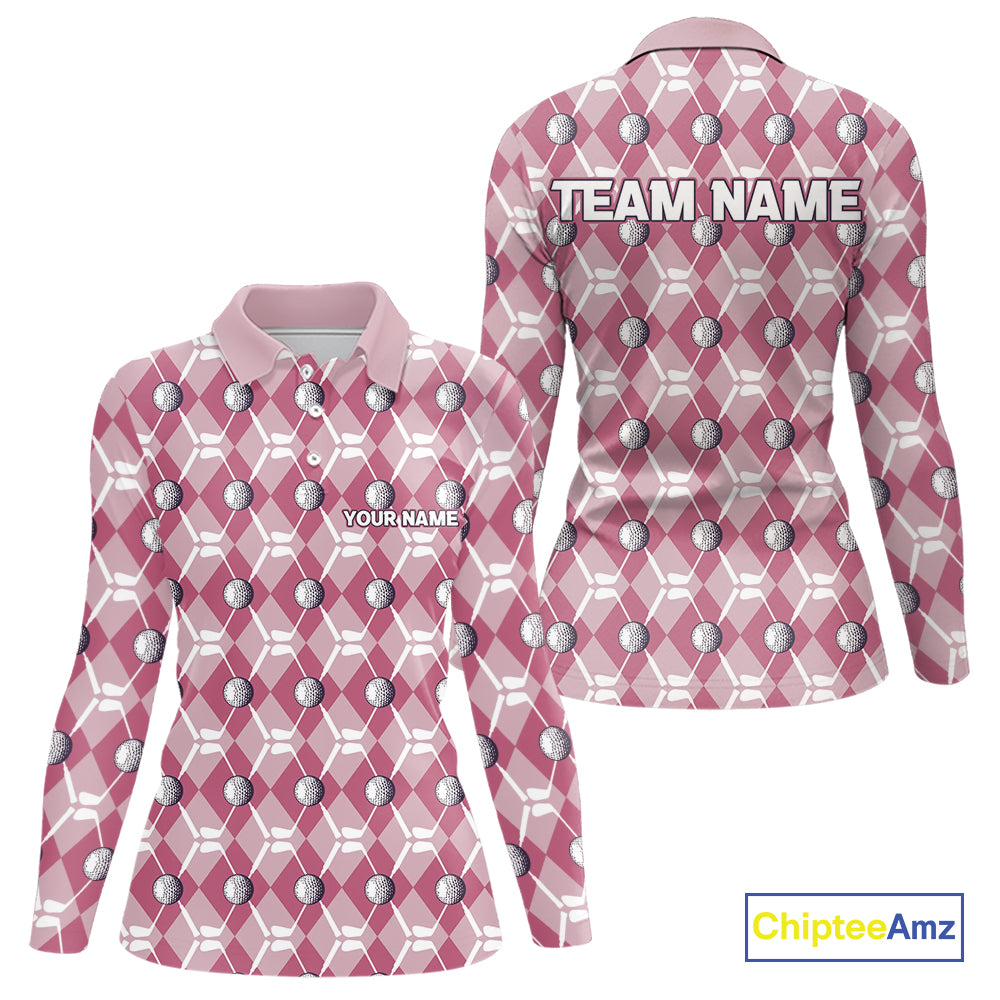 Women golf polo shirts custom pink argyle plaid pattern golf attire for ladies, golfer gifts NQS10443