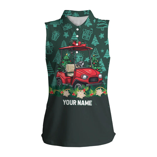 Green christmas pattern Golf cart Women sleeveless polo shirt custom Christmas golf clothes for ladies NQS8686