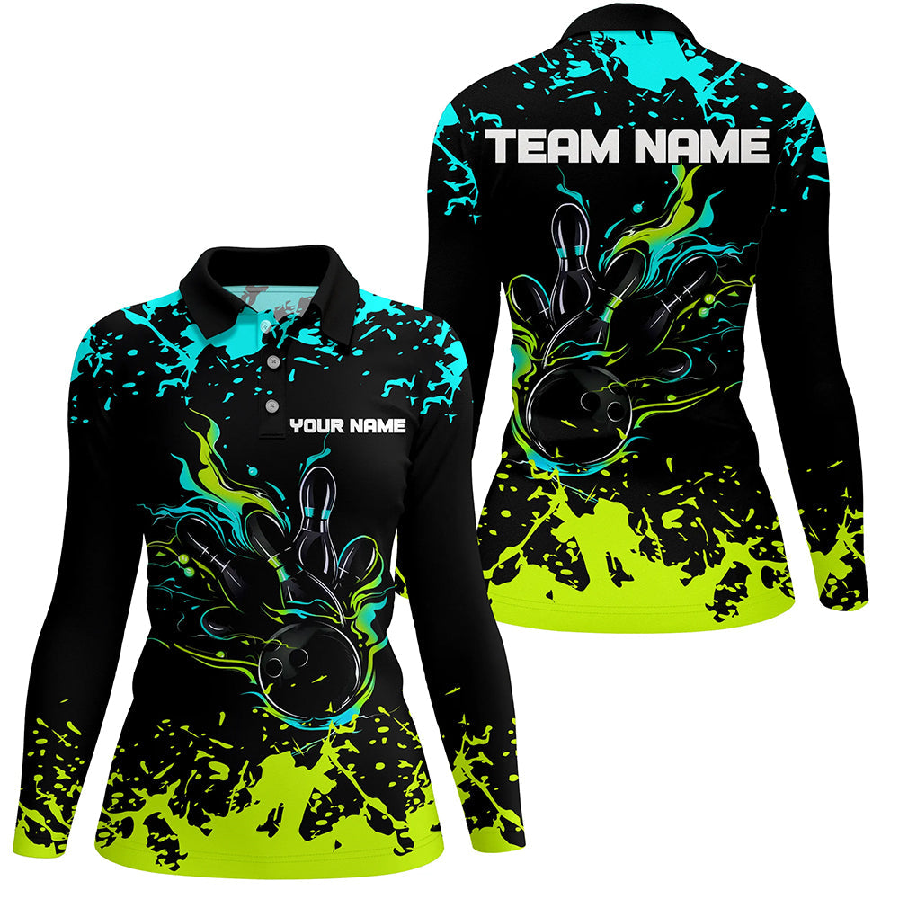 Personalized Cyan Blue and Green Bowling Shirts For Women, Bowling Balls And Pins Bowling Team Shirts NQS8917