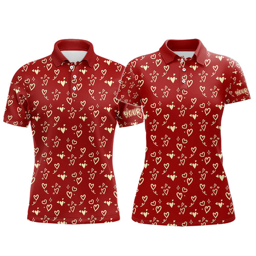 Gold Heart Red pattern matching golf shirt for couple custom Couple Valentines golf polo shirts NQS9368