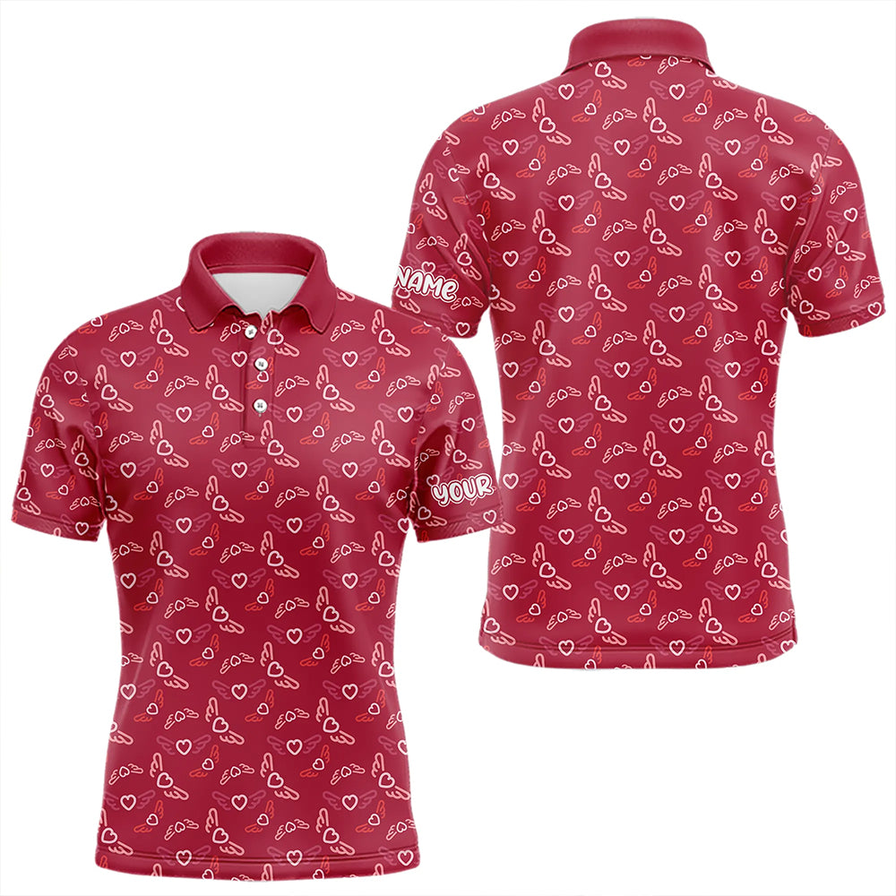 Pink Heart Wings pattern Mens golf polo shirts custom Valentines golf shirts for mens, gift for him NQS9369
