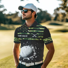 Load image into Gallery viewer, Green Camo American flag black Mens golf polo shirts custom patriotic team golf apparel for mens NQS9517