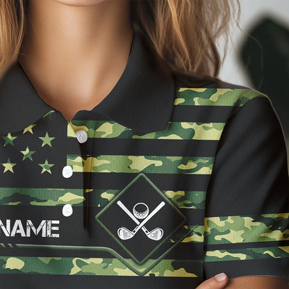 Green Camo American flag black Women golf polo shirts custom patriotic team golf apparel for ladies NQS9517