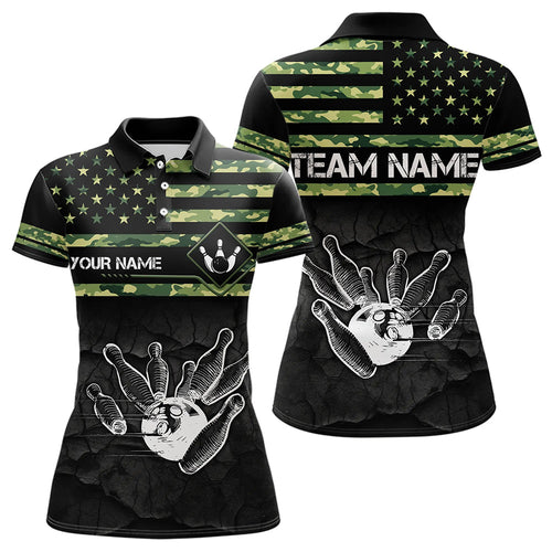 Personalized Green camo American flag Custom Bowling Team Shirts For Women, Bowling League Jersey NQS9518
