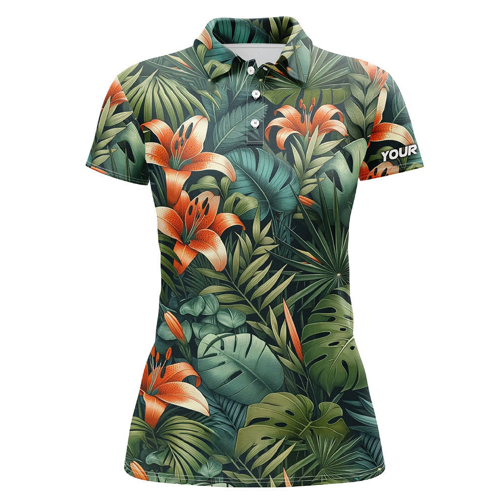 Green tropical flower pattern Womens golf polo shirts custom team golf shirts, golf tops for ladies NQS7617