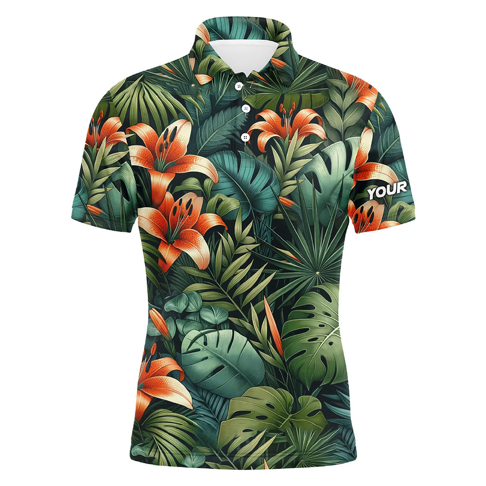 Green tropical flower pattern Mens golf polo shirts custom team golf shirts, golf tops for men NQS7617