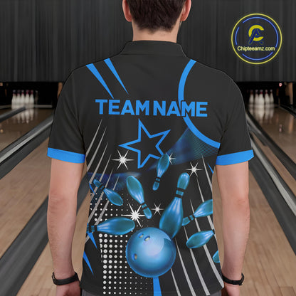 Black and Blue Mens Bowling Polo, Quarter Zip Shirts Custom Bowling outfit men Team Jerseys NQS9956
