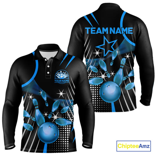 Black and Blue Mens Bowling Polo, Quarter Zip Shirts Custom Bowling outfit men Team Jerseys NQS9956