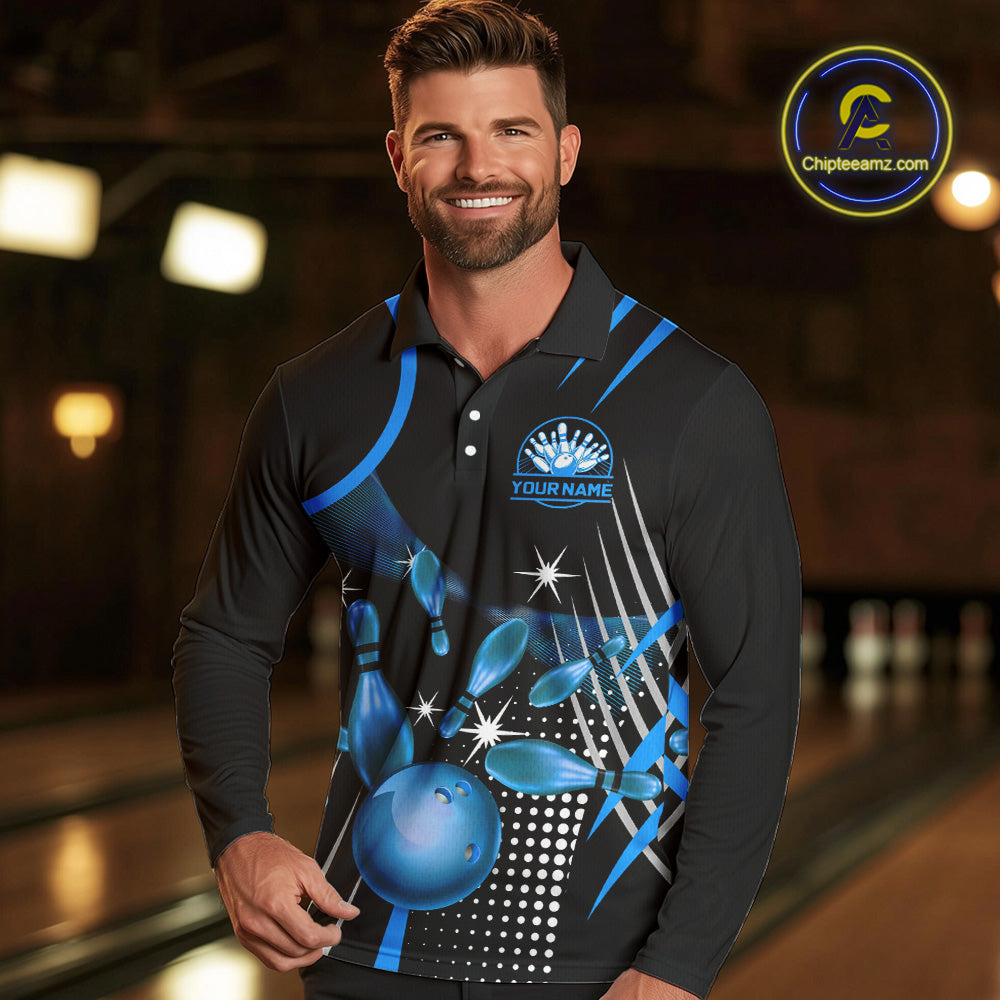 Black and Blue Mens Bowling Polo, Quarter Zip Shirts Custom Bowling outfit men Team Jerseys NQS9956