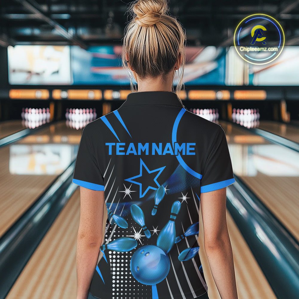 Black and Blue Women Bowling Polo, Quarter Zip Shirts Custom Bowling outfit Women Team Jerseys NQS9956