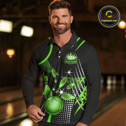Black and Green Mens Bowling Polo, Quarter Zip Shirts Custom Bowling outfit men Team Jerseys NQS9957