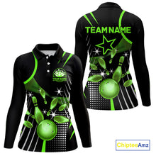 Load image into Gallery viewer, Black and Green Women Bowling Polo, Quarter Zip Shirts Custom Bowling outfit ladies Team Jerseys NQS9957