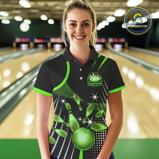 Black and Green Women Bowling Polo, Quarter Zip Shirts Custom Bowling outfit ladies Team Jerseys NQS9957