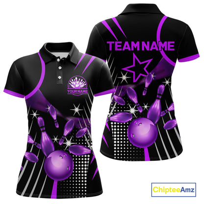 Black and Purple Women Bowling Polo, Quarter Zip Shirts Custom Bowling outfit ladies Team Jerseys NQS9958