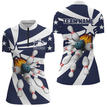 Load image into Gallery viewer, Blue and white Women polo, quarter zip bowling shirt Custom flame bowling star team league jerseys NQS7820