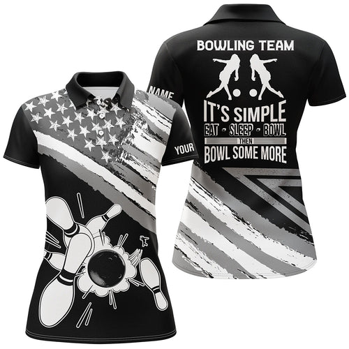 Black American flag retro Women Bowling polo Shirt Custom team bowling outfits eat sleep bowl NQS5937