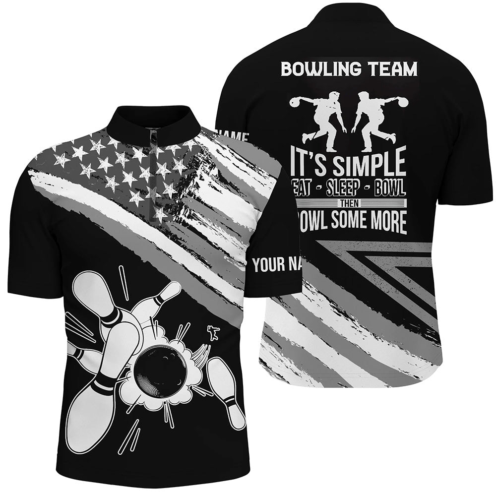 Black American flag retro Men's Bowling Shirt Quarter-Zip Custom team bowling outfits eat sleep bowl NQS5937