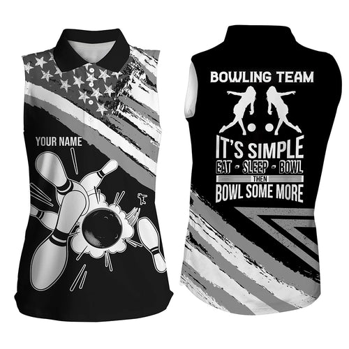 Black American flag retro women's sleeveless polo Shirt Custom team bowling outfits eat sleep bowl NQS5937