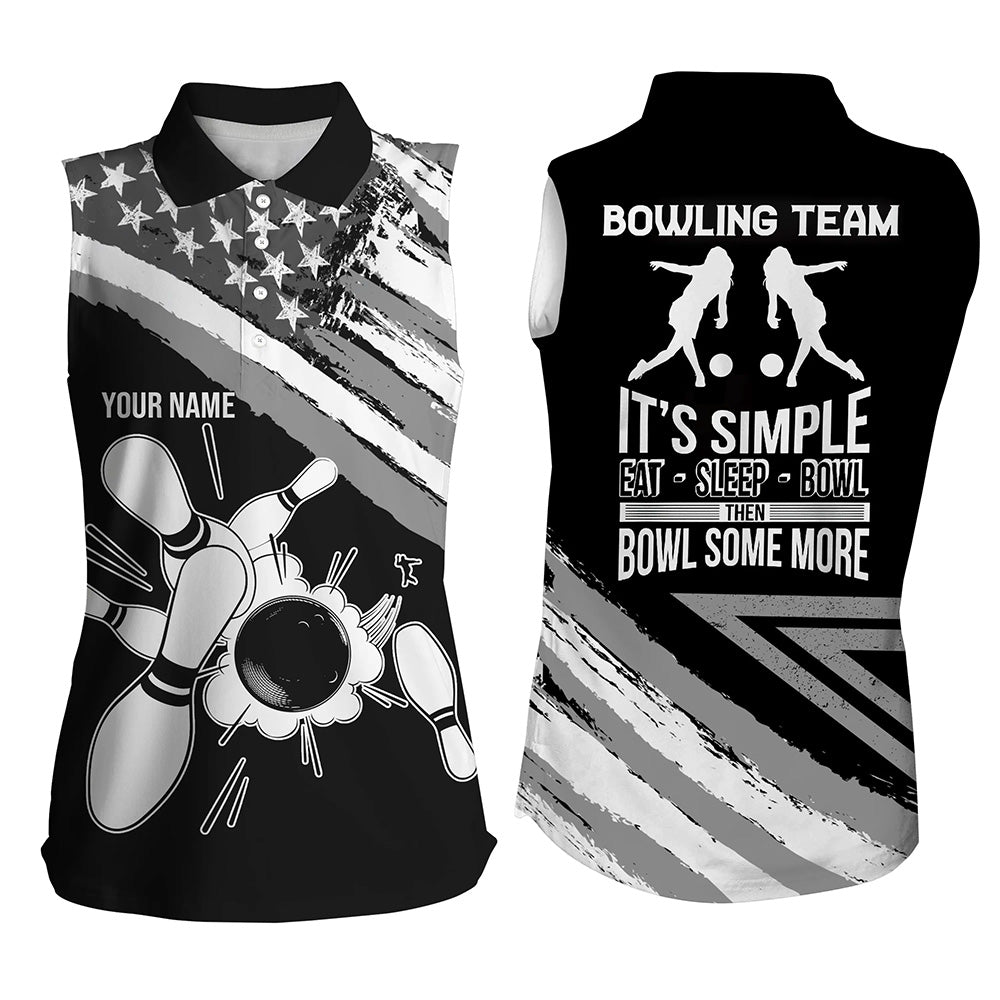 Black American flag retro women's sleeveless polo Shirt Custom team bowling outfits eat sleep bowl NQS5937