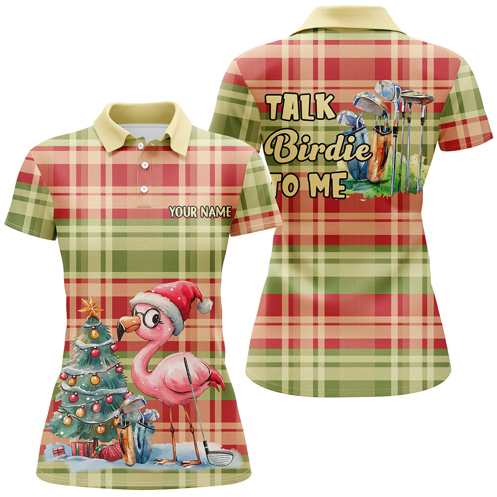 Womens golf polo shirts custom funny Flamingo plaid pattern Christmas golf shirts talk birdie to me NQS8697