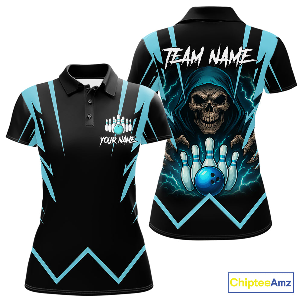 Black and Blue Reaper Skull lightning Bowling Shirts for Women Custom Team Bowling league jersey NQS10869