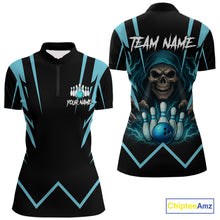 Load image into Gallery viewer, Black and Blue Reaper Skull lightning Bowling Shirts for Women Custom Team Bowling league jersey NQS10869