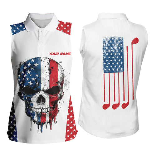 Red, white and blue American Flag Skull Women sleeveless polos custom patriotic golf attire for ladies NQS9375