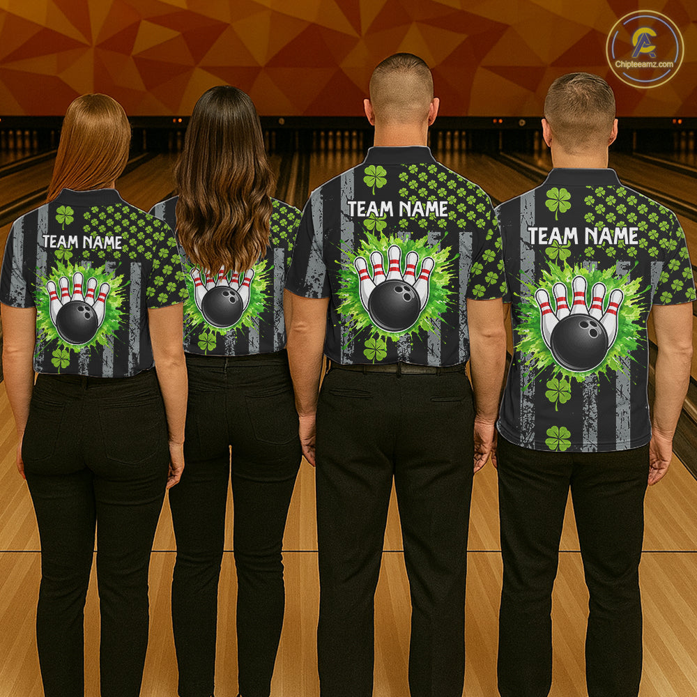 Custom Black Grunge US Flag Green Shamrock St Patrick Bowling polo shirts for men, bowling jersey men NQS11450