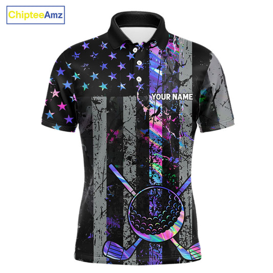 Black American Flag Hologram Mens golf polo shirts Custom patriotic mens golf shirts, best golf gifts NQS11640