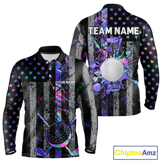 Black American Flag Hologram Mens golf polo shirts Custom patriotic mens golf shirts, best golf gifts NQS11640