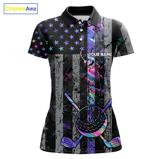 Black American Flag Hologram Womens golf polo shirts Custom patriotic ladies golf tops best golf gift NQS11640