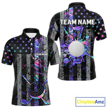 Load image into Gallery viewer, Black American Flag Hologram Mens golf polo shirts Custom patriotic mens golf shirts, best golf gifts NQS11640
