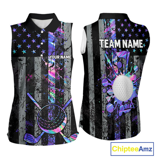 Black American Flag Hologram Women sleeveless polo shirt Custom patriotic ladies golf tops NQS11640