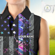 Load image into Gallery viewer, Black American Flag Hologram Women sleeveless polo shirt Custom patriotic ladies golf tops NQS11640