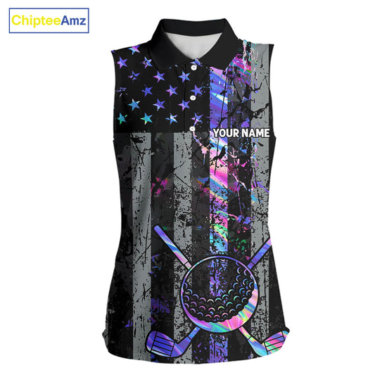 Black American Flag Hologram Women sleeveless polo shirt Custom patriotic ladies golf tops NQS11640