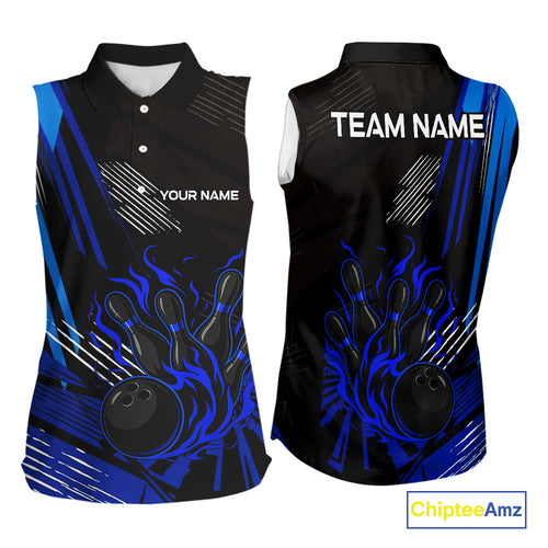 Black and Blue Flame Bowling sleeveless polo Shirts Custom Bowling Outfit Team Jerseys NQS9962