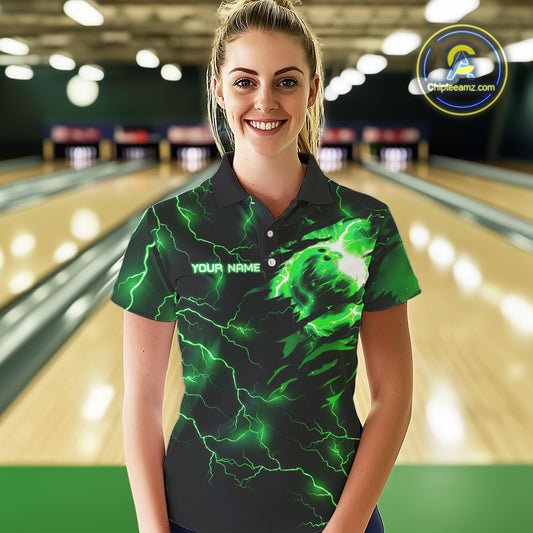 Green lightning thunder bowling American flag Eagle custom Women Bowling Polo, Quarter Zip Shirts NQS10111