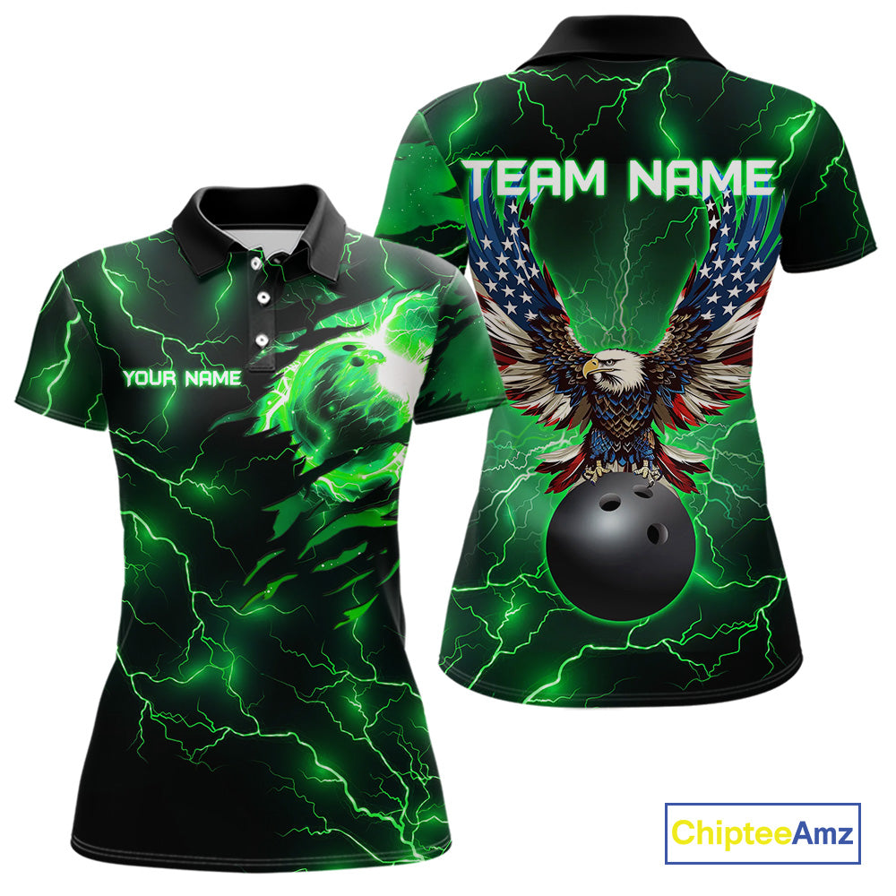 Green lightning thunder bowling American flag Eagle custom Women Bowling Polo, Quarter Zip Shirts NQS10111