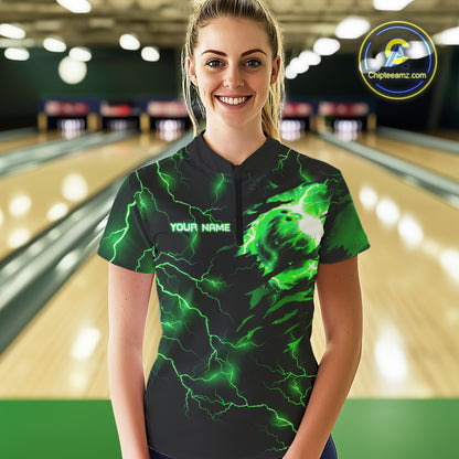 Green lightning thunder bowling American flag Eagle custom Women Bowling Polo, Quarter Zip Shirts NQS10111