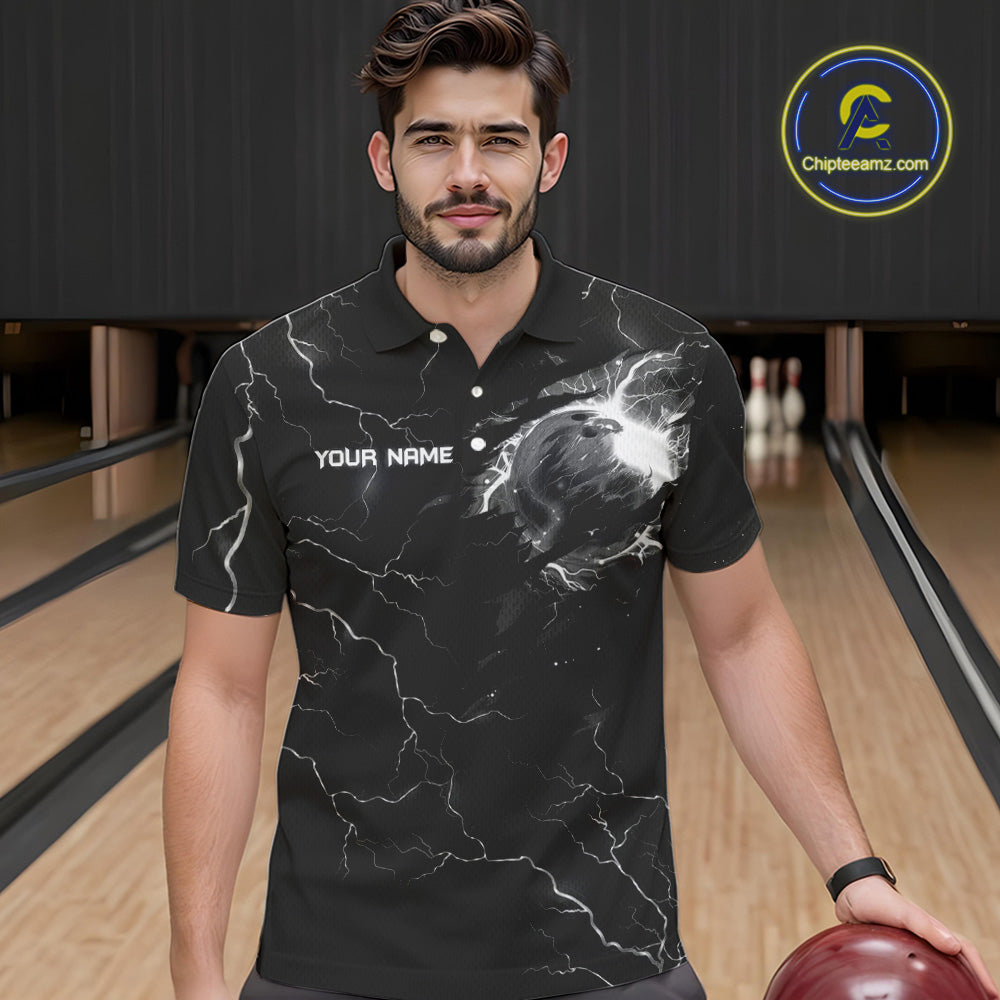 Black lightning thunder bowling American flag Eagle custom Mens Bowling Polo, Quarter Zip Shirts NQS10112