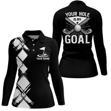 Load image into Gallery viewer, Black and white argyle pattern Women golf polo shirts custom golf outfits ladies your hole is my goal NQS8249