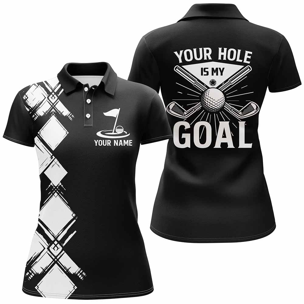Black and white argyle pattern Women golf polo shirts custom golf outfits ladies your hole is my goal NQS8249