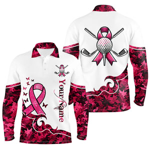 White and Pink camo ribbons Mens Golf Polo Shirts custom breast cancer golf shirts for men, golf gifts NQS8460