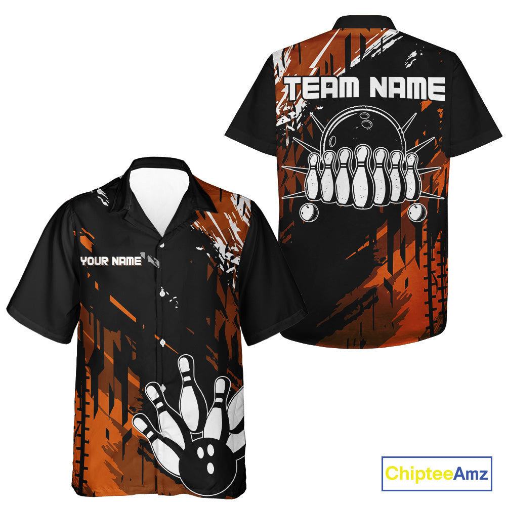 Black and Orange Bowling Hawaiian Shirt Custom retro bowling ball & pins bowling team button-up shirt NQS10643