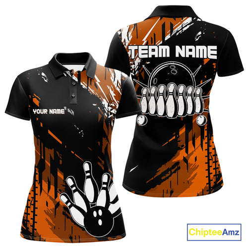 Black and Orange Women bowling shirts Custom retro bowling ball and pins bowling team league jerseys NQS10643