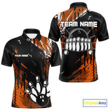 Load image into Gallery viewer, Black and Orange Mens bowling shirts Custom retro bowling ball and pins bowling team league jerseys NQS10643