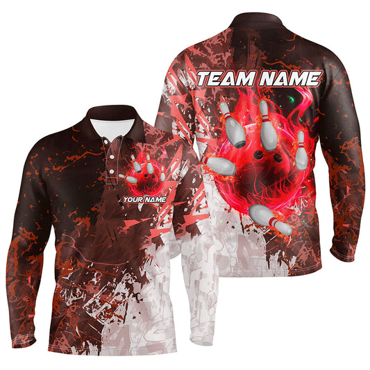 Red Camo Flame Bowling Polo, Quarter Zip Shirts For Men Custom Bowling Team Jersey Outfits NQS8703